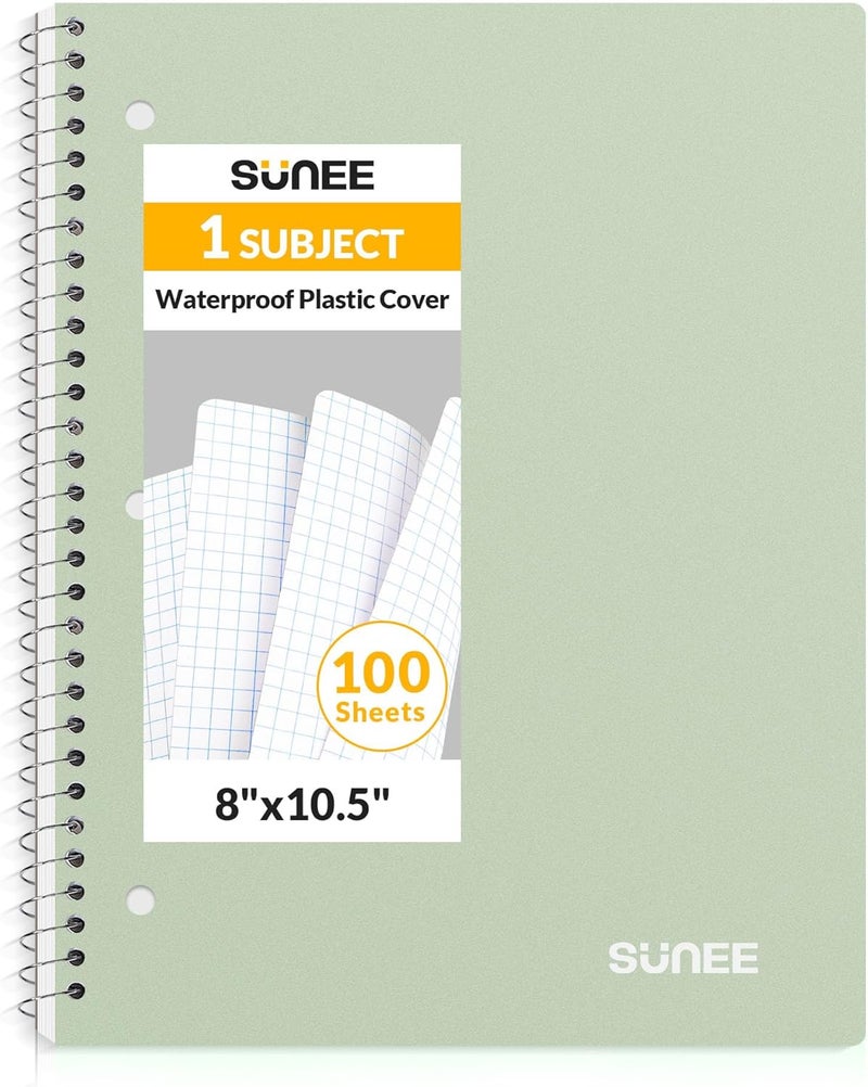 SUNEE Spiral Notebook, 1-Subject, Graph Ruled Paper, 8" x 10-1/2", 100 Sheets per Notebook, 3-Hole Punched Paper, Water Resistant Cover, Spiral Grid Notebooks for Work, Home, School, Writing, Green - Image 1